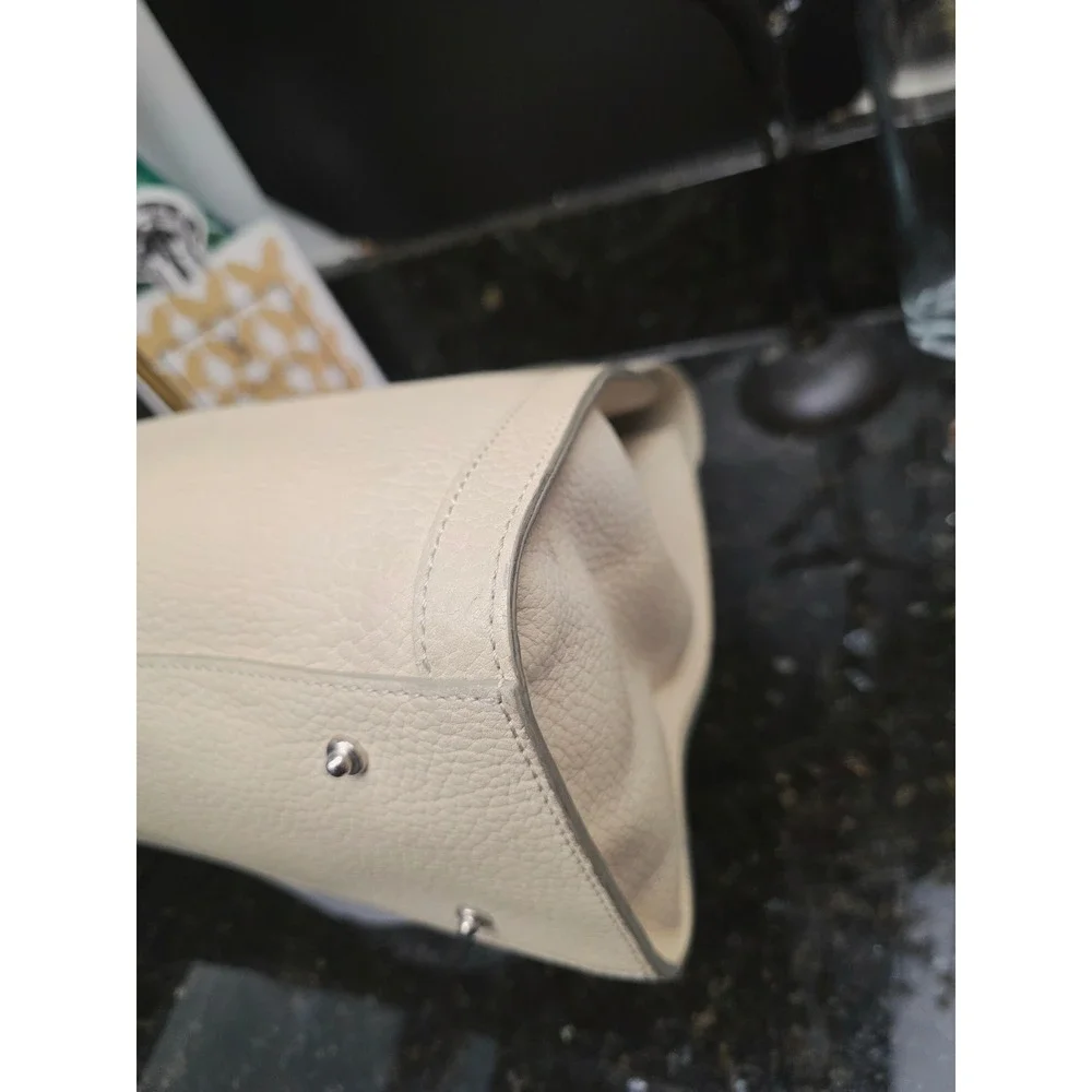 Dooney & Bourke Large Flap Satchel Cream Pebbled Leather Silver Lock Top Handle
